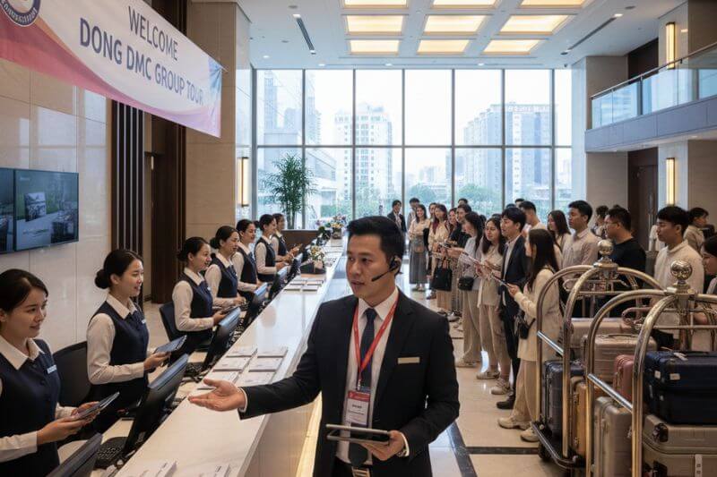 Dong DMC operations lead coordinating front office and bell desk for staged group check-in with pre-packed key envelopes